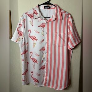 VatPave Flamingo Striped Button Up Shirt Men’s Medium Pink White Novelty